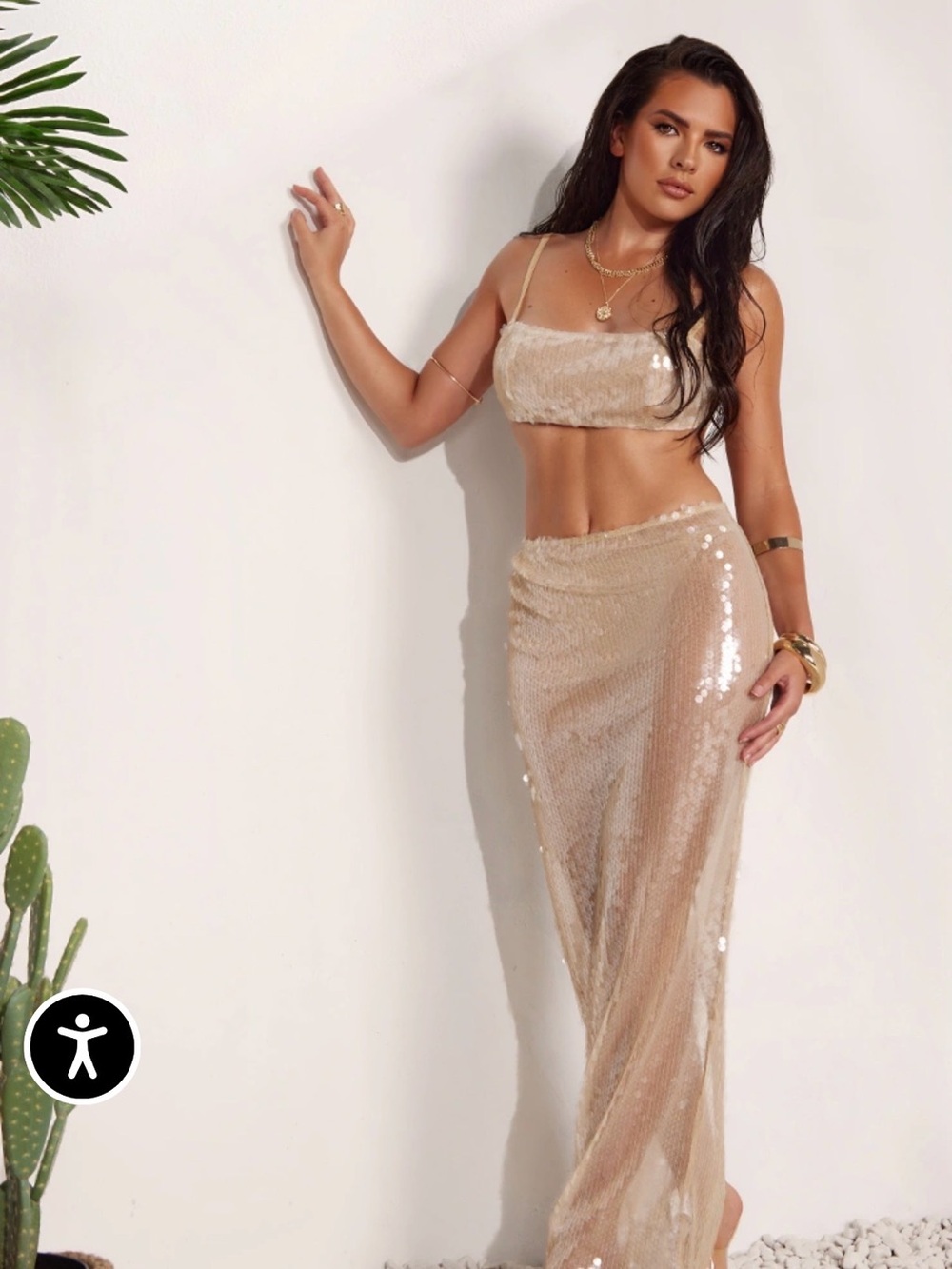 PrettyLittleThing Beige Sequin Maxi Skirt and Crop Top Set